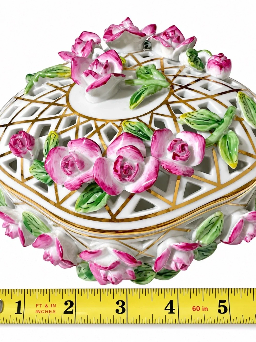 Formations Baum Bros Porcelain Trinket Box Pink Roses 10KT Gold